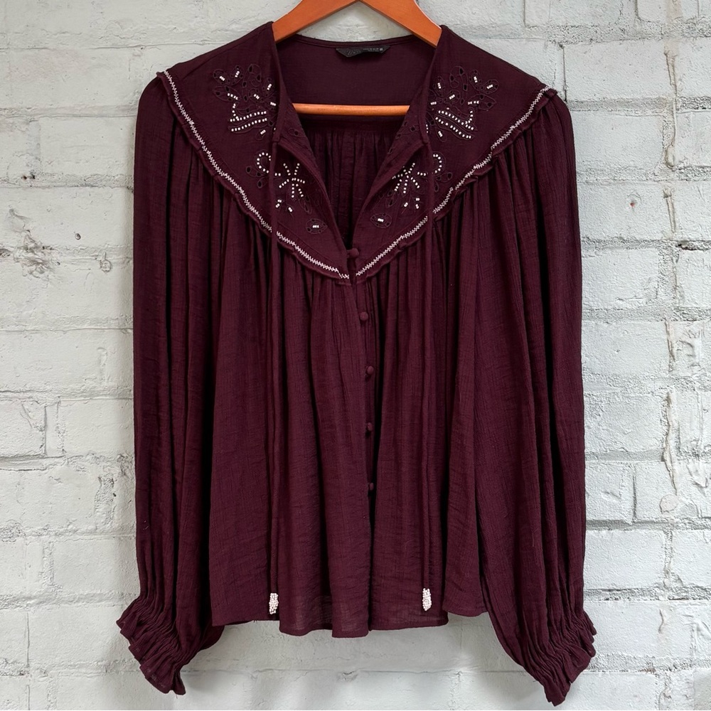 Burgundy Embroidered Peasant Blouse with Bead Detail